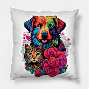 Dog, cat and roses Pillow