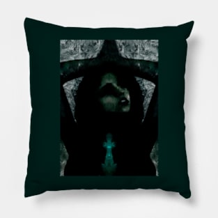 Portrait, digital collage, special processing. Beautiful but dark, like witch, woman. Tale. Dark green. Pillow