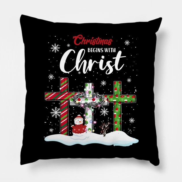 Christmas Begins With Christ Snowman Christian Cross Xmas Pillow by lostbearstudios