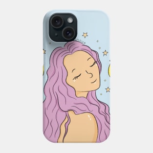 Purple Haired Girl with Moons and Stars Illustration Phone Case