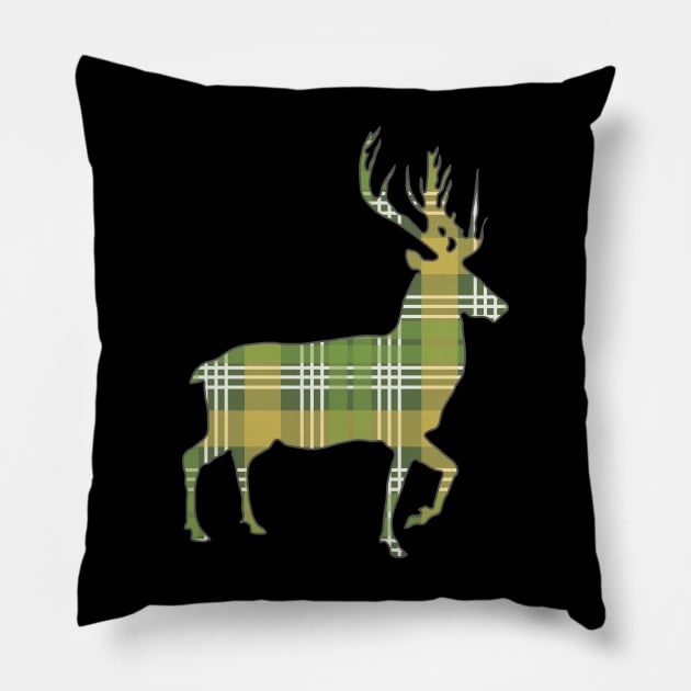 Green, Yellow and White Tartan Scottish Stag Silhouette Pillow by MacPean