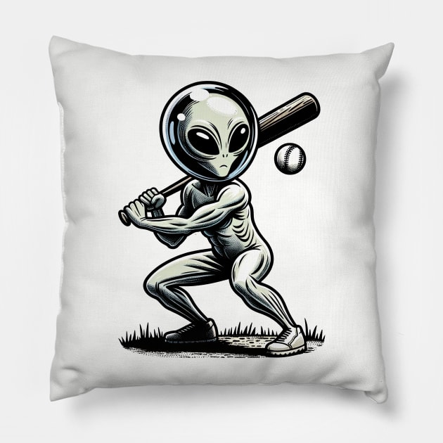 alien playing baseball Pillow by Dracoola