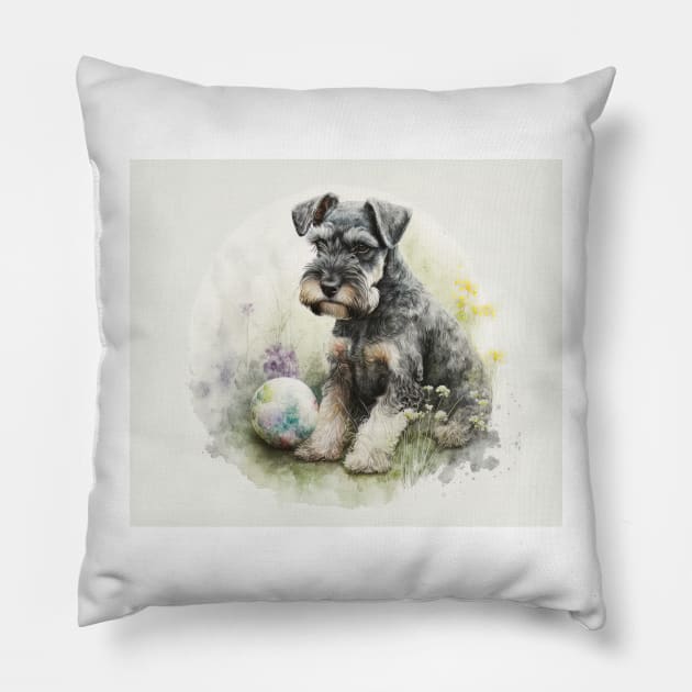 Miniature Schnauzer Watercolour Painting Pillow by TheArtfulAI