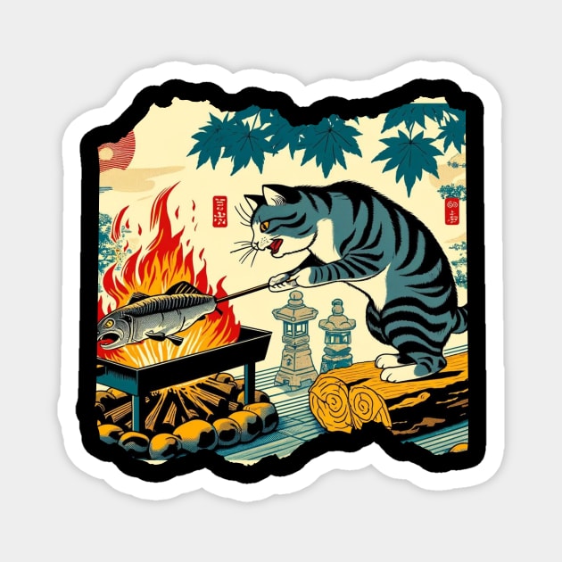 Kitten Grill Humor Fish Roasting Japanese Art Survival Cat Magnet by Willie Biz Merch