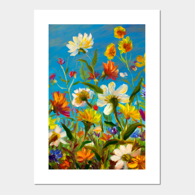 Oil Painting Of Flowers Beautiful Floral Blooming Field Artwork