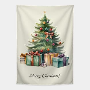 Rainbow Christmas Tree with Presents Watercolor Art Tapestry