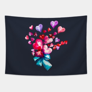 Pink and red falling Valentines hearts with blue ribbon, watercolor hearts Tapestry