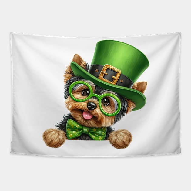 St Patricks Day Peeking Yorkshire Terrier Dog Tapestry by Chromatic Fusion Studio