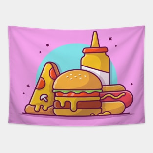 Burger, Hot Dog, Pizza, And Mustard Cartoon Tapestry