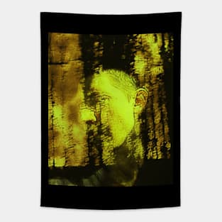 Portrait, digital collage and special processing. Masterpiece. Man looking to car window, reflection. Autumn, bright yellow sun. Tapestry