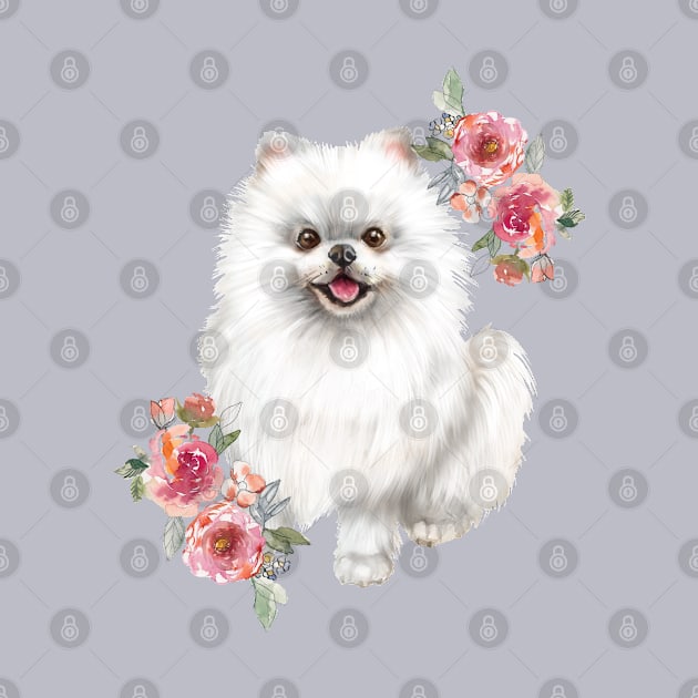 Cute White Pomeranian Puppy Dog Watercolor Art by AdrianaHolmesArt