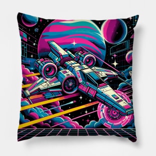 Neon Cosmos: 80s Sci-Fi Space Adventure Pillow