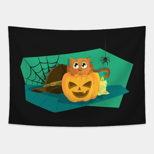 Cat in Fear on Pumpkin Halloween design Tapestry by PatrioTEEism