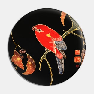 RED PARROT ON A BRANCH OF A TREE Antique Japanese Floral Pin