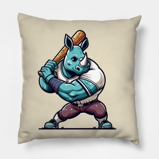 Vintage rhino batter - Retro 1990s Cartoon Style Baseball Art Pillow