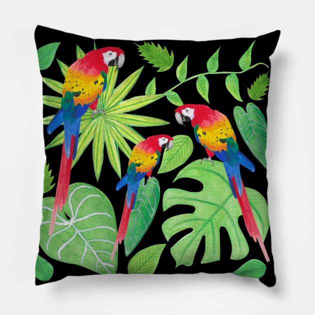 Parrot Rainbow Ombre with Green Plants, Monstera, Vines, Palm Fronds, Philodendron Gloriosum, and Anthurium Warocqueanum Leaves Pillow by Penny Passiflora Studio