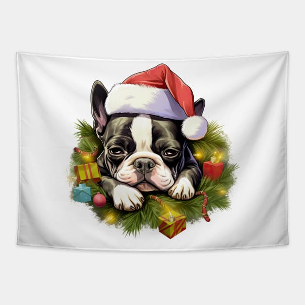 Lazy Boston Terrier Dog at Christmas Tapestry by Chromatic Fusion Studio