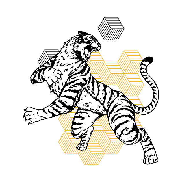 Retro Black & Gold Tiger on the Attack // Vintage Geometric Shapes Background by SLAG_Creative