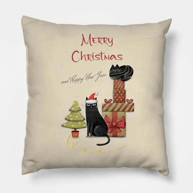 Merry Christmas - Black cats with Santa hat. Pillow by Olena Tyshchenko