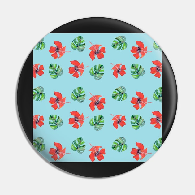 Red Hibiscus and Monstera Pattern with a blue background Pin by Sandraartist