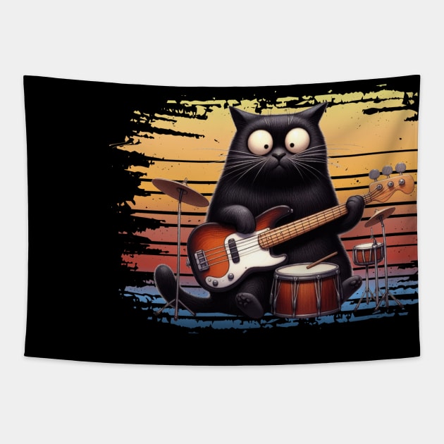 Retro Kitten Rock Band Cat Playing Drums and Guitar Tapestry by Positive Designer