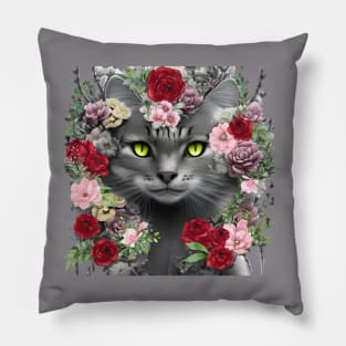 Beautiful Floral Gray Cat Pillow