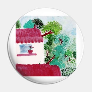 House in the forest, trees, watercolor Pin