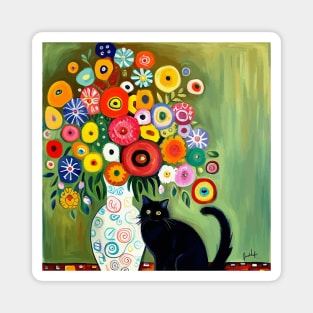 Still Life Painting with Black Cat and Flowers in a White Vase Magnet