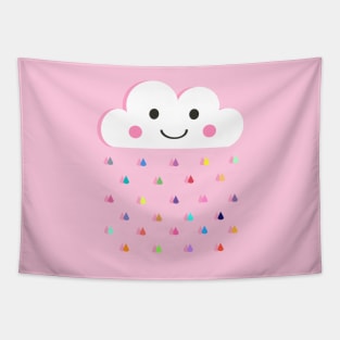 Rainbow Raindrops, Happy Rain Cloud, on Pink Tapestry