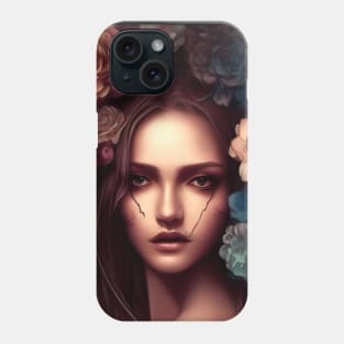 Beaux Animes Art, Beautiful Anime Girl with flowers in her hair and scars on her face Design Phone Case