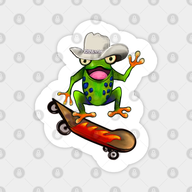 Frog - Kawaii Froggy Skateboarding Cute Frog Texas cowboy hat Funny toad toads amphibian tadpole Green Red eyed tree frogs rain forest Lizard dragon zoology gift frog Magnet by Artonmytee