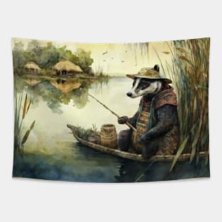 Funny Badger Fishing On A Lake Tapestry