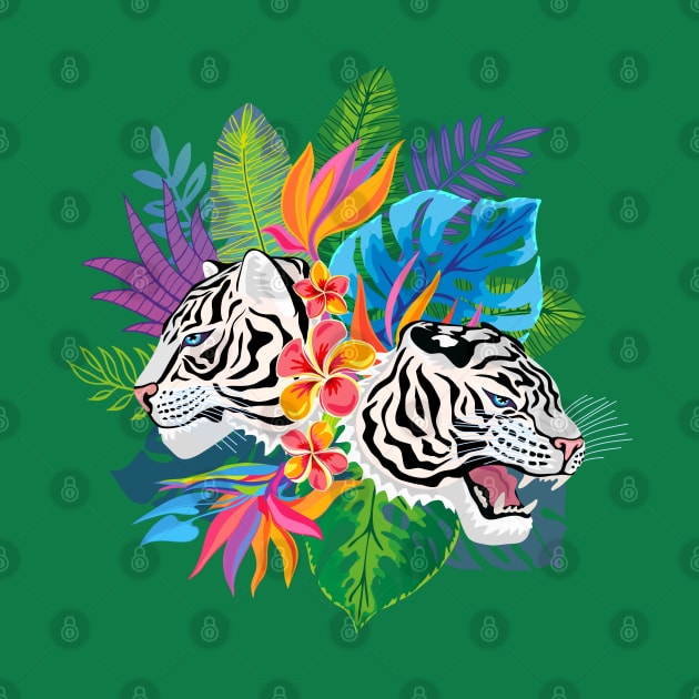 White Tigers and Exotic Flowers by Cool Abstract Design