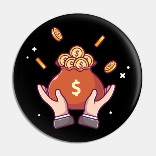 Hands with sack of gold coin cartoon Pin