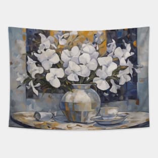 White Phlox and Petunias in Silver Vase Modern Still Life Painting Tapestry