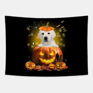 White Labrador Spooky Halloween Pumpkin Dog Head Tapestry