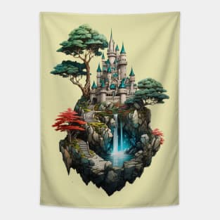 Fantasy Magical Castle at the top of a rocky crystal hill Tapestry