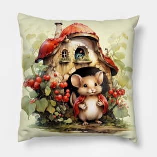 Mouse wearing red shawl  Mushroom House Pillow