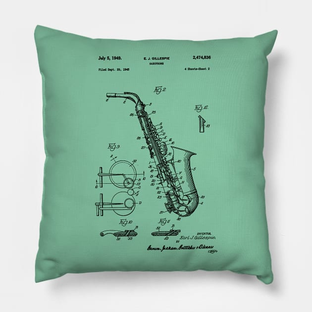 Saxophone Patent Drawing 1949 Pillow by Joodls