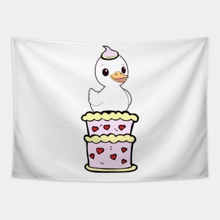Funny duck jumping out of a cake Tapestry