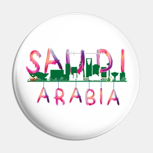 Saudi Arabia watercolor  Landmarks - pink lettering ( Saudicraft Serenity ) Pin