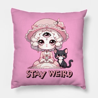 Stay Weird Three Eyed Witch with Black Cat Pillow