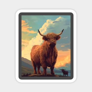 Highland Cattle Sunset Retro Art | Vintage-Inspired Landscape with Scottish Cows Magnet