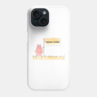 Programmer-developer, profession, work, job. Cat shows a banner with the inscription. Watercolor illustration. A gift for a professional. Phone Case