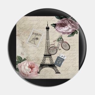 Paris France Pink Roses, Eiffel Tower French Vintage Love Letters Pin