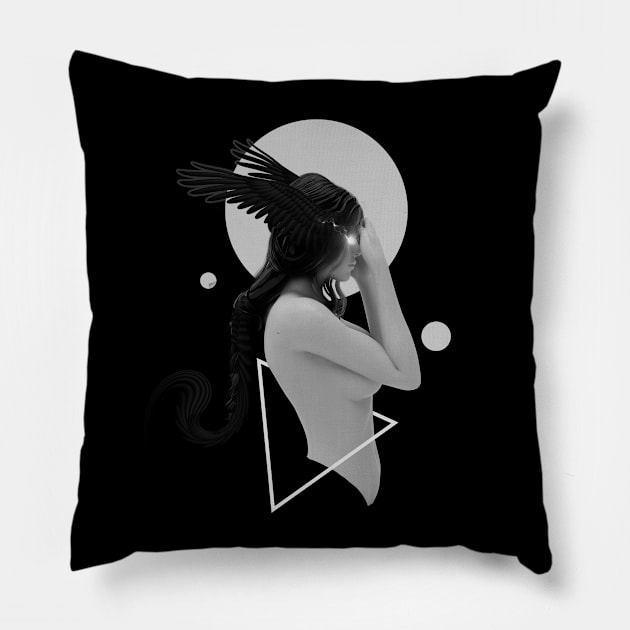 black and white girl with wings in the head feeling the power Pillow by Nekron