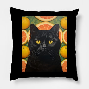 Black Cat Collage Surrounded by Citrus Fruit - Retro Vintage Unique Kitty Art Pillow