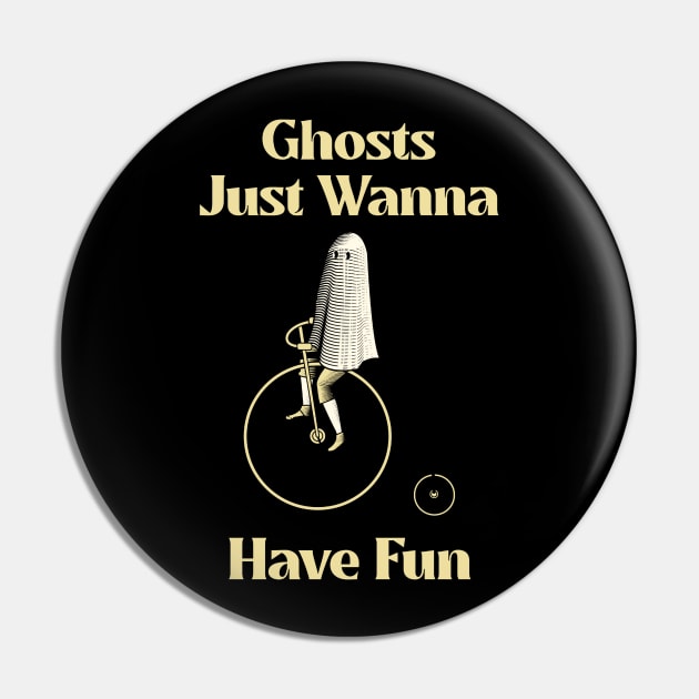 Ghosts Just Wanna Have Fun Funny Cute Ghost Riding Bicycle Pin by LittleFlairTee