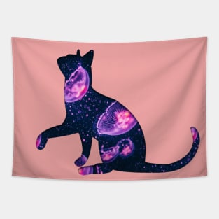 cat playing with violet jellyfish Tapestry