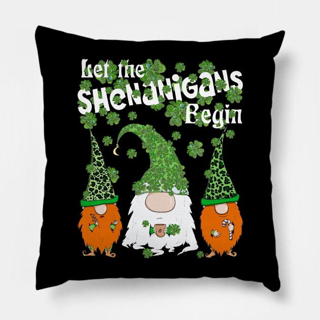 Let Shenanigans Begin Gnomes Green Clovers St Patricks Day Pillow by Ai Wanderer